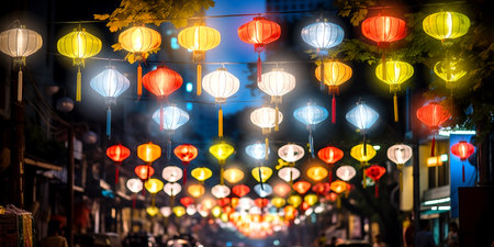 Asian lanterns hang on sidewalk in eastern city. Town streets are decorated with Asian lanterns. Evening quarter with colorful lamps and tree branchesの素材