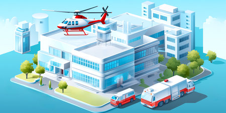Hospital building with ambulances on site. Exterior of hospital with helicopter delivering patients. Clinic grounds, top viewの素材