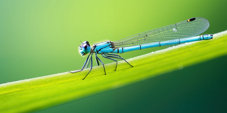 Dragonfly sits on green twig or blade of grass. Blue dragonfly with transparent leaves close-up. Flying insectの素材