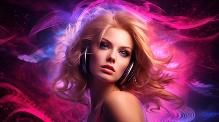 Woman listens to music on headphones. Portrait of blonde girl near pink neon glow. Young woman enjoying musicの素材