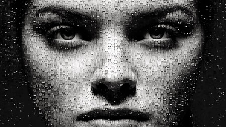 Woman face made of gray elements. Close-up portrait of beautiful girl. Young woman looking at screenの素材