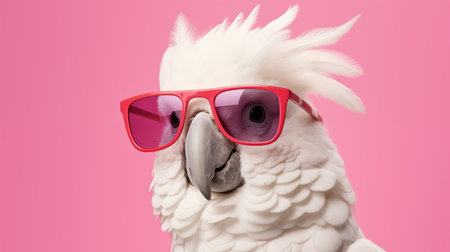 White parrot wearing sunglasses. Funny bird on pink background. Parrot covered with feathers looks at screenの素材