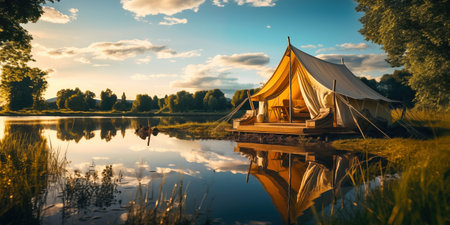 House tent on wooden platform moored on river bank. Natural landscape with lake and picturesque nature. Fleet tent for camping and hiking tourismの素材