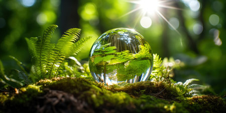 Ecological background with green plants and water drop. Plants and forest moss under rays of sunlightの素材
