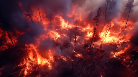 Forest fire destroying rare tree species. Forest fire bird eye view. Flames and smoke are killing taigaの素材