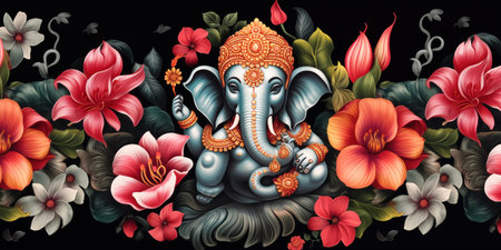 Indian elephant among patterns of flowers. Hindu talisman in form of elephant. Indian national background with buds or sandsの素材