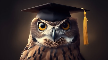 Owl in graduate hat. Wise bird looks at screen. Owl who graduated from university or college on dark backgroundの素材