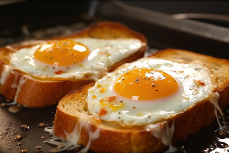 Bread toast with fried eggs. High-calorie breakfast to satisfy your appetite. Delicious breakfast in frying panの素材