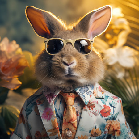 Hare in jacket and tie with floral pattern. Fashionable bunny in sunglasses. Funny fantasy hare looking at screenの素材