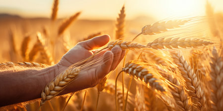 Man hand with wheat ears. Farmer growing wheat to produce bread. Spikelets with grain under bright summer sunの素材