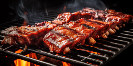 Beef ribs lie on grill grid with flame. BBQ meat with bones. Appetizing beef ribs cooked on fireの素材