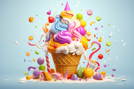 Colorful ice cream in waffle cup. Fruit dessert with flying fruits. Explosion of delicious ice cream for summer partyの素材