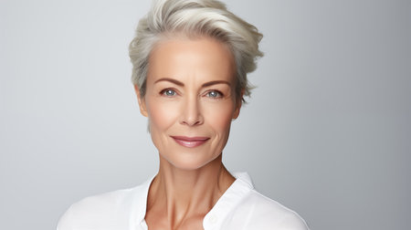 Portrait of gray-haired beautiful woman with smooth skin. Elderly lady who had wrinkle lift. Attractive woman on gray backgroundの素材