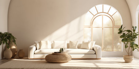 Apartment interior with white sofa. Interior of minimalist living room with indoor plants. Spacious house with large windowの素材