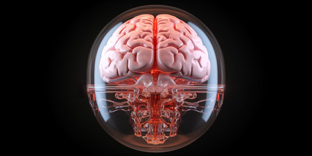 Human brain in transparent ball. Brain with artificial addition on black background. Concept of creating synthetic intelligenceの素材