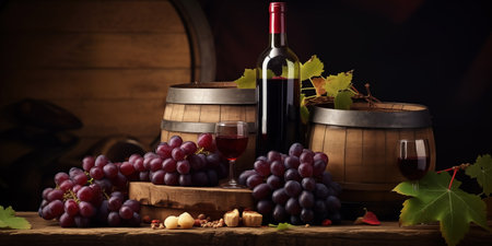 Bottle from glass with red wine near large grapes. Barrels for bordeaux liqueur on dark background. Wooden table with grape leaves and red wineの素材