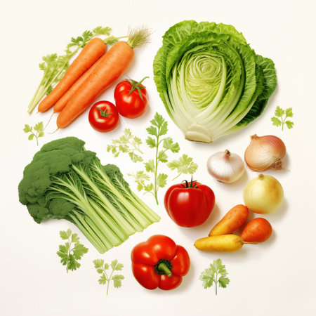 Organic vegetables from farmers market. Cabbage and tomatoes with carrots on white surface. Fresh vegetables for salad preparationの素材