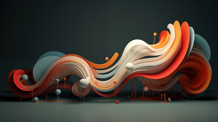 Colorful background with multicolored wavy lines. Abstract background for advertising design. Balls and wavy stripes on grayの素材