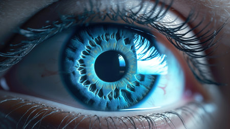 Human eye close-up. Beautiful blue eye with dark pupil. Fragment of man face with voluminous eyelashesの素材