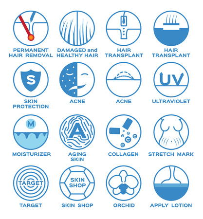 health and skin icon vector / hair removal transplant damaged healthy protection acne ultraviolet moisturizer aging collagen stretch mark target shop orchid lotionのイラスト素材