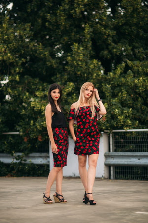 Beautiful girls posing for the photographer. Two sisters in black and red dress. Smile, sunny day,...