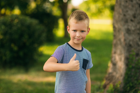 Handsome boy smiling and posing to the photographer. Joyful child walks the park. Sunny weather summerの写真素材