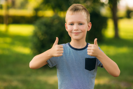 Handsome boy smiling and posing to the photographer. Joyful child walks the park. Sunny weather summerの写真素材