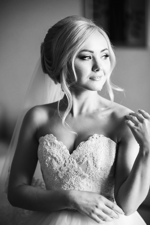 Beautiful bride in weddind dress posing to photographer. Black and whiteの写真素材
