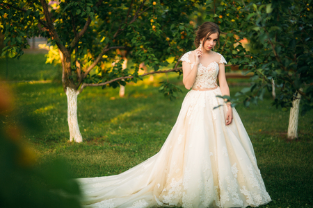 Young girl in wedding dress in park posing for photographer. Sunny weather, summerの写真素材