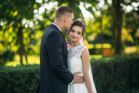 Beautiful newlyweds walking in the park admiring each otherの写真素材