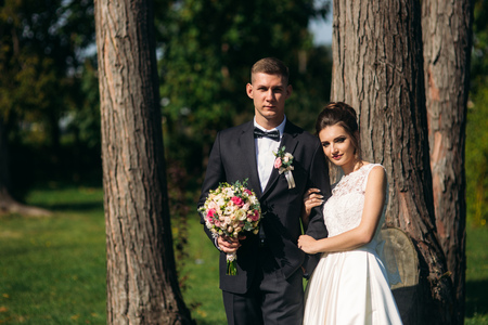 Happy bride and groom after wedding ceremony. Sunny weatherの写真素材