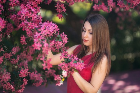 Beautiful girl posing to the photographer against the background of blooming pink trees. Spring. Sakuraの写真素材