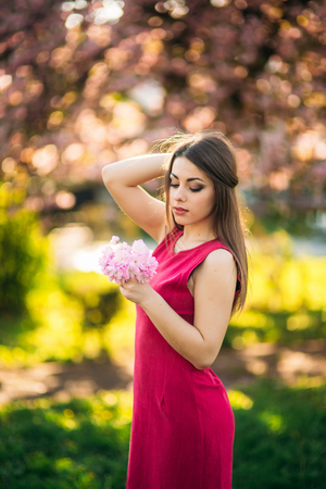 Beautiful girl posing to the photographer against the background of blooming pink trees. Spring. Sakuraの写真素材