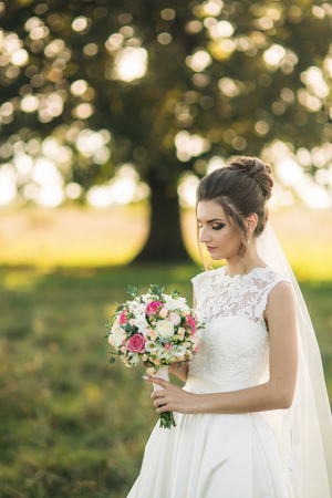 Beautiful bride with bouquet standing in the middle of field in the background of big treeの写真素材