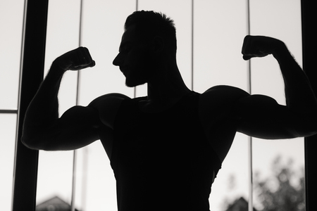 Silhouette of bodybuilder in the gymの写真素材