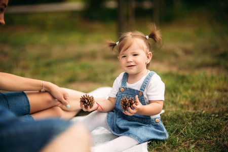 happy young family spending time outdoor on a summer dayの写真素材