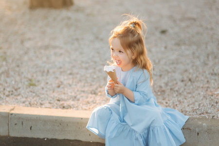 Beautiful little girl in a blue dress eating an ice cream