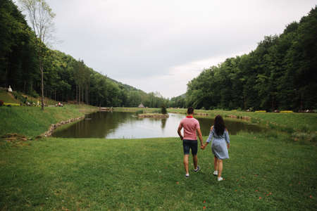 Couple have fun, smile and dancing. cloudyの写真素材