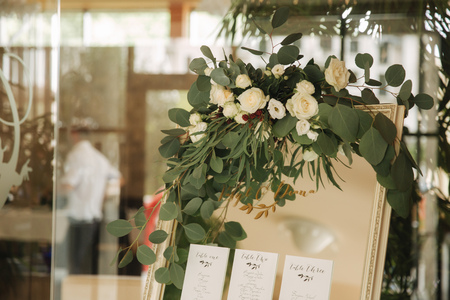 Flowers on wedding decor, green and white colorの写真素材