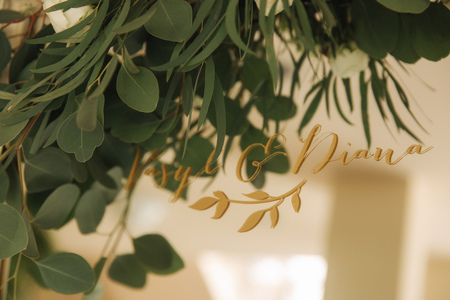 Flowers on wedding decor, green and white colorの写真素材