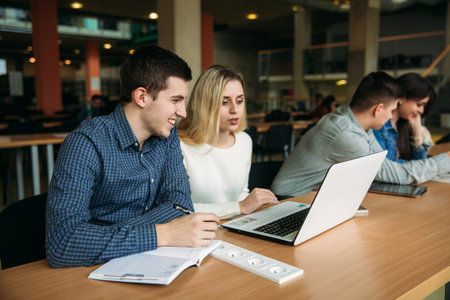 Group of college students studying in the school library, a girl and a boy are using a laptop and...
