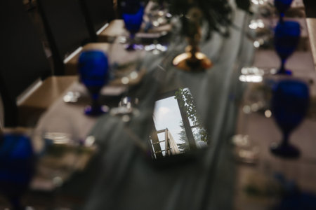 Elements of wedding decoration in restaurant. Green and blue color