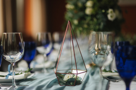 Elements of wedding decoration in restaurant. Green and blue colorの写真素材