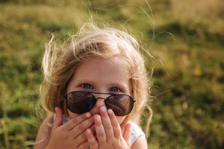 Little girl wears sunglasses and have fun