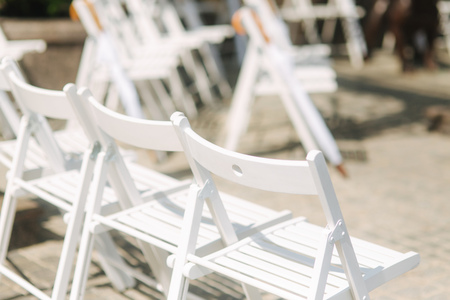 White chair with white umbrella. Wedding ceremonyの写真素材