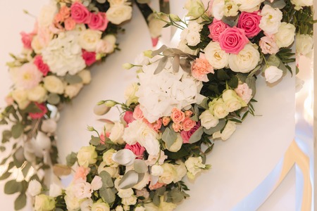 Floral decoration on the wedding in restaurantの写真素材