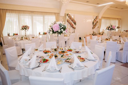 Wedding tables in restaurant. deciration and foodの写真素材