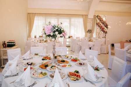 Wedding tables in restaurant. deciration and foodの写真素材
