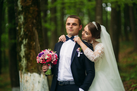 Romantic couple of newlyweds in the middle of forestの写真素材