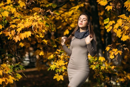 Beautiful happy smiling girl wearing long dress and autumn scarf standing in forest surrounded by yellow treesの写真素材